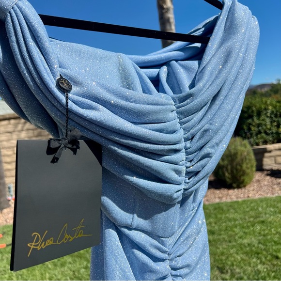 Rhea Costa Ruched Glitter Jersey Gown Light Blue Maxi Dress XS 38 Fits Small NWT - Picture 4 of 9